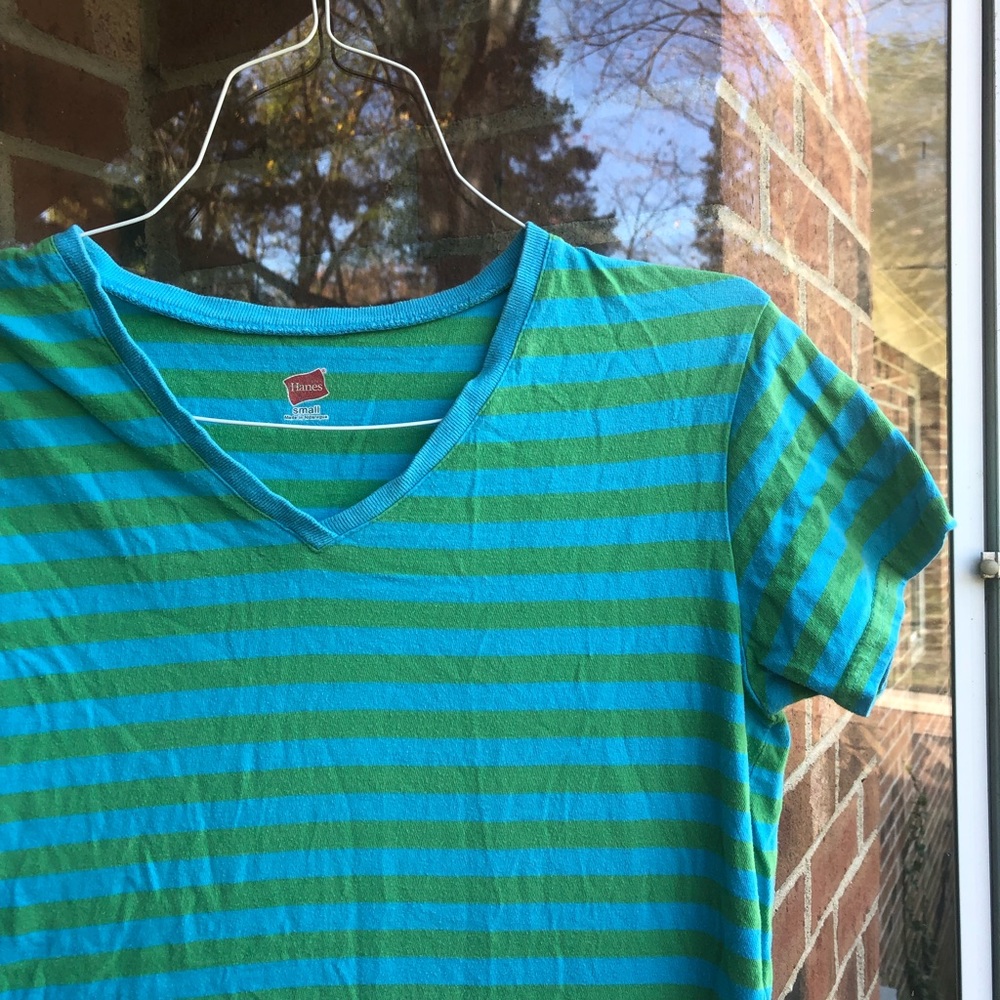 Blue & green striped v-neck Hanes tee